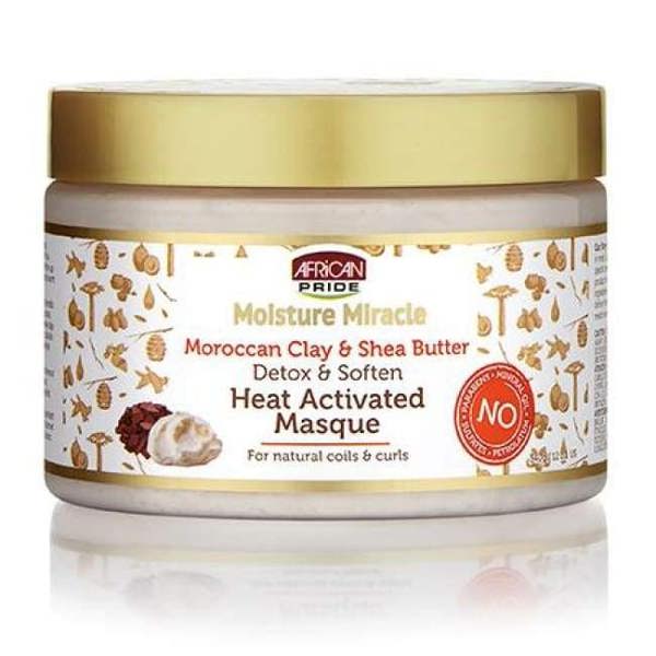 African Pride Moist Miracle Moroccan Clay Shea Butter Mask Moroccan Clay & shea butter. Detox & soften. For natural coils & curls. No parabens. No mineral oil. No sulfates. No petrolatum.