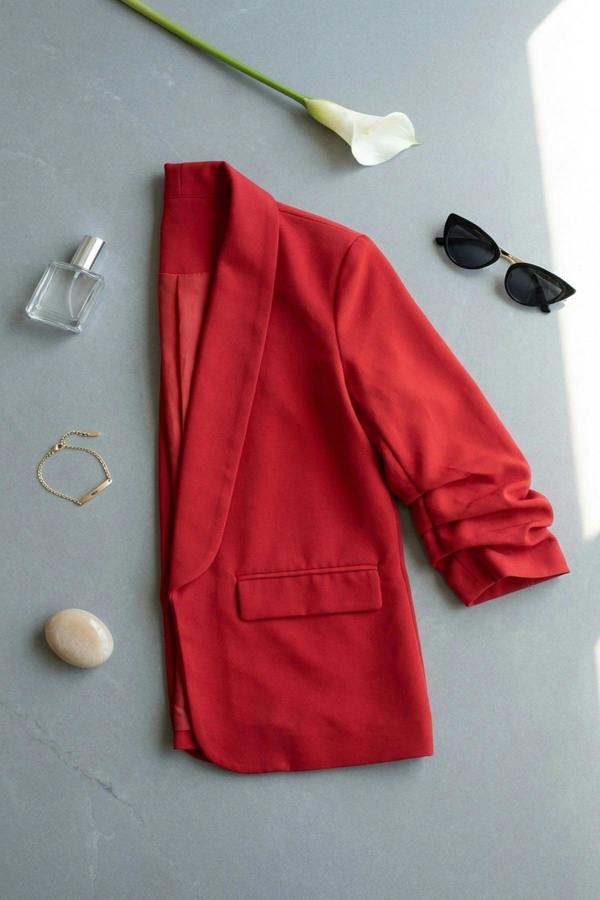 Valerie Ruched Sleeve Open Front Blazer Jacket With Front Pockets - Red