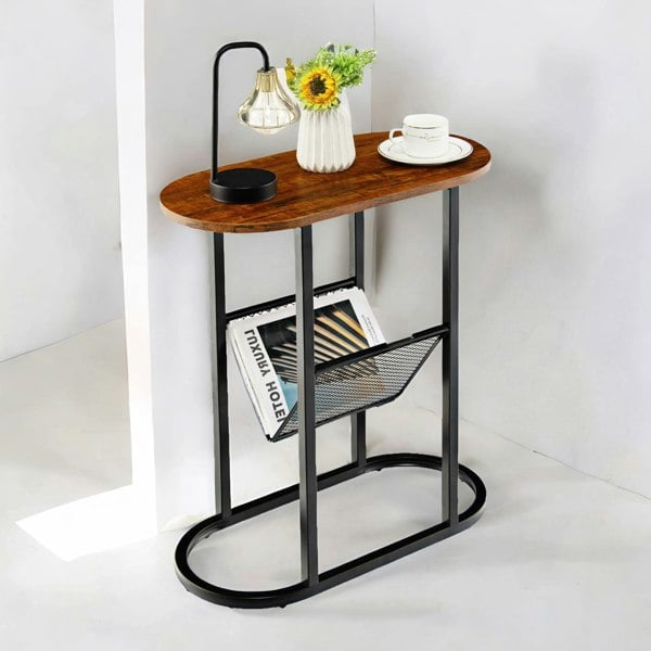 Rafaelo Mobilia Industrial Side Table With Mesh Magazine Holder Rustic Brown