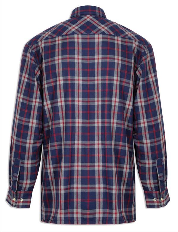 Back view of Champion Stroud fleece shirt in navy check, showing relaxed fit and full coverage for outdoor work and countryside wear