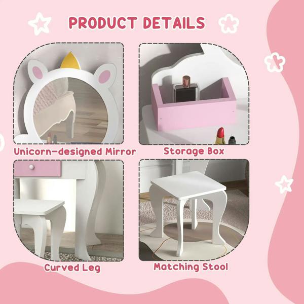 Kids unicorn dressing table set details: unicorn mirror, curved legs, and matching stool.