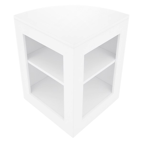 White Hera LED shop counter set featuring a sleek, modern design with a curved top, open shelving, and smooth finish