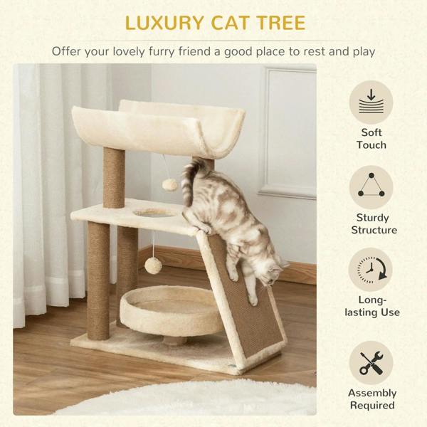 Cat tree tower with U perch and round bed, shown with a resting cat