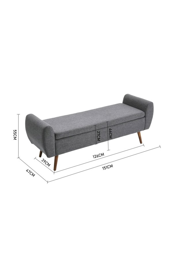 Living and Home 2-Seat Linen Upholstered Storage Bench with Side Arms and Walnut Colored Legs