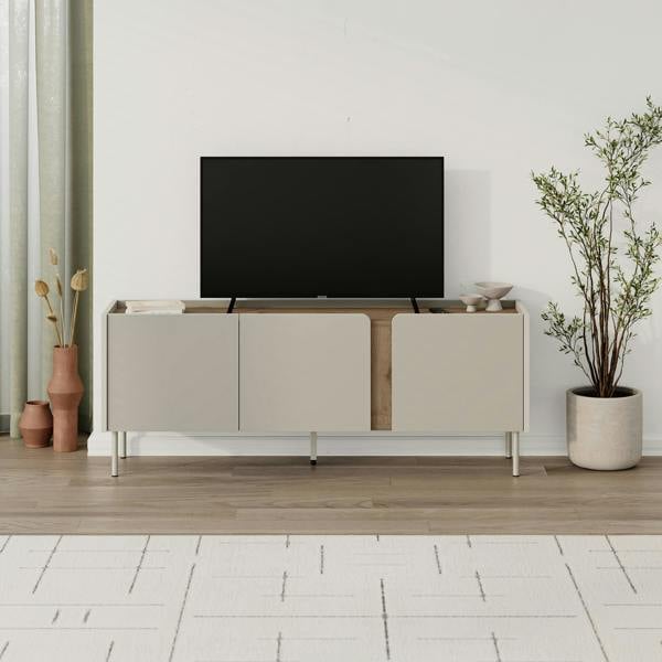 Decortie Modern 140cm TV Stand Unit Up to 50" TVs, 3 Soft-Close Door, 5 Storage Cabinet Shelves, Metal Legs