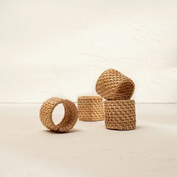 White wash rattan napkin rings round handwoven wicker set dining