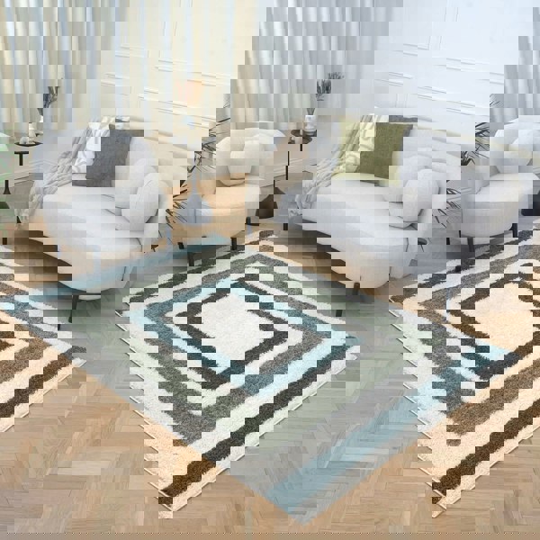 Moodi Shaggy Green Rug, Bordered design, underfloor heating | THE RUGS