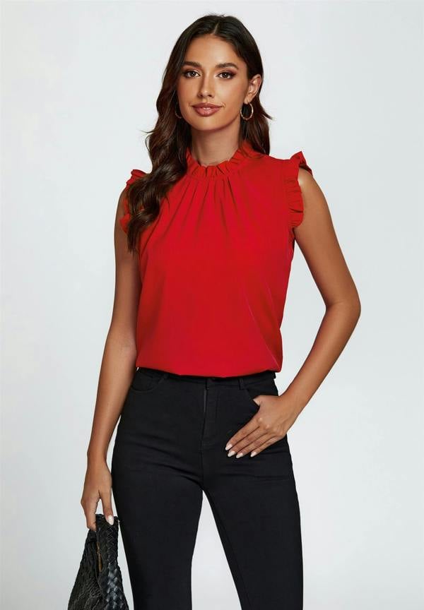FS Collection Frill Trim Sleeve Frill Neck Blouse Top In Red