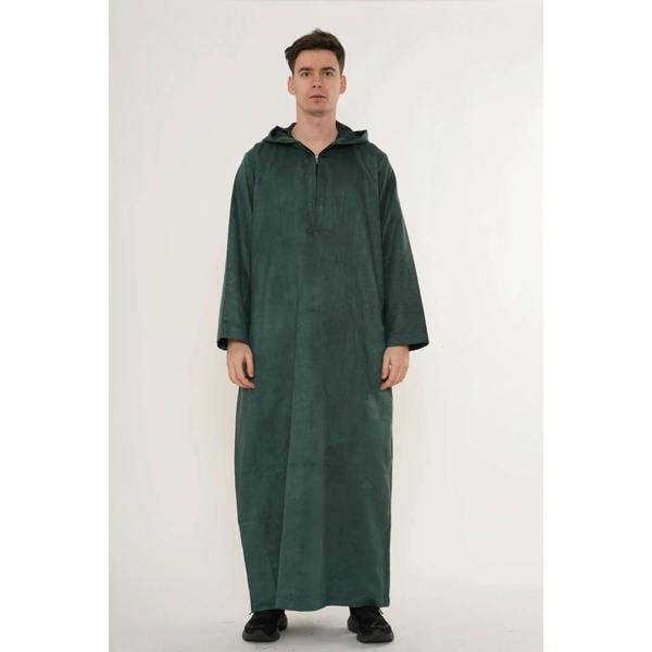 HM12 - Men's Hooded Suede Emirati Omani Zipped Thobe - Green - Thobez - 4