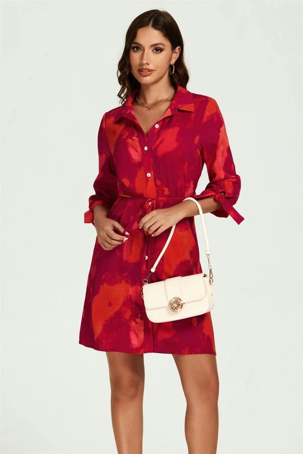 FS Collection Abstract Print Shirt Mini Dress In Red