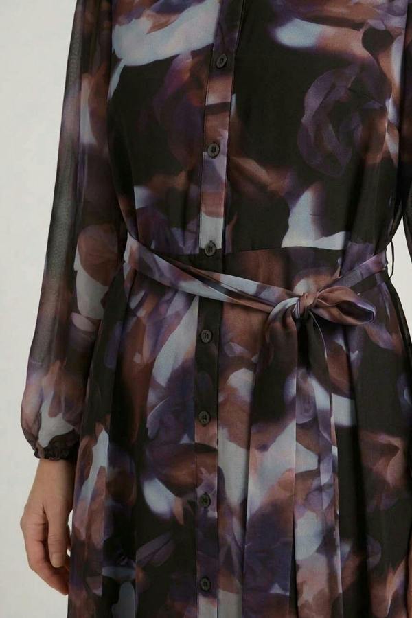 Black | Abstract Semi Sheer Tie Midi Shirt Dress