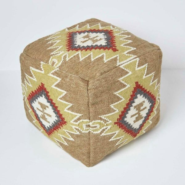 HOMESCAPES Jaipur Brown and Orange Kilim Footstool Handwoven Beanbag Pouffe - 43 x 43 cm