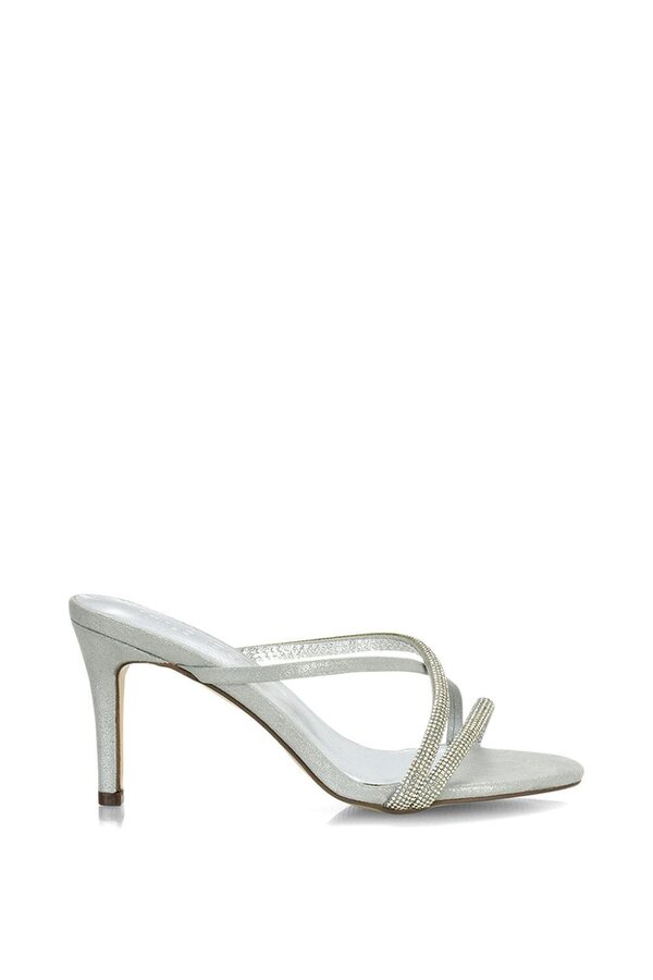 XY LONDON Diamante Cross Over Strappy Sandal Stiletto High Mule Heels - Silver