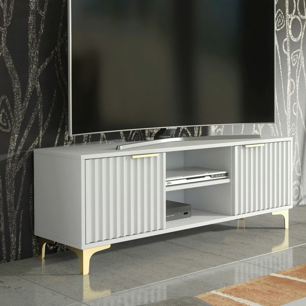 Mex Furniture Bold White 120cm TV Unit with Ribbed Fronts and Gold Accents