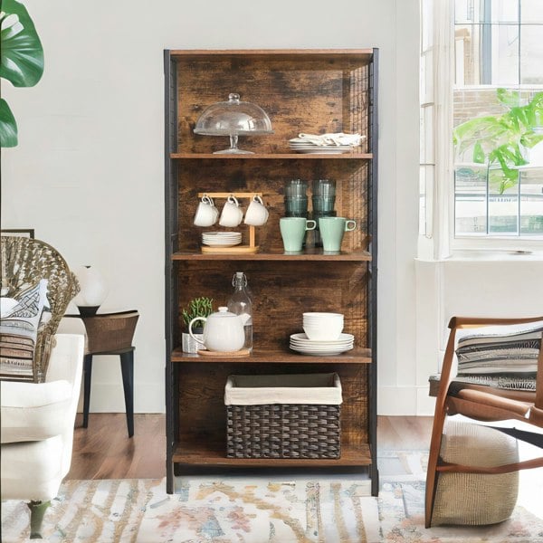Rafaelo Mobilia Industrial 4 Tier Bookcase Storage Cabinet Rustic Brown