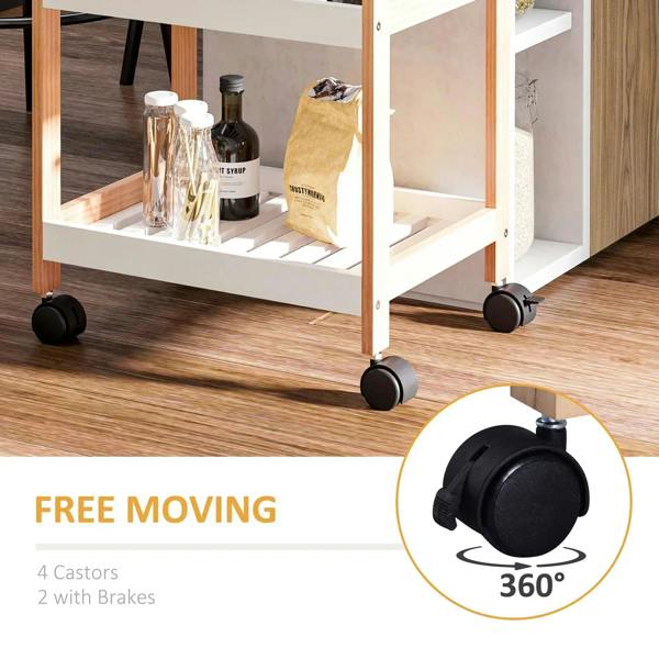 Rolling kitchen trolley cart with black caster wheels, two with brakes for controlled movement