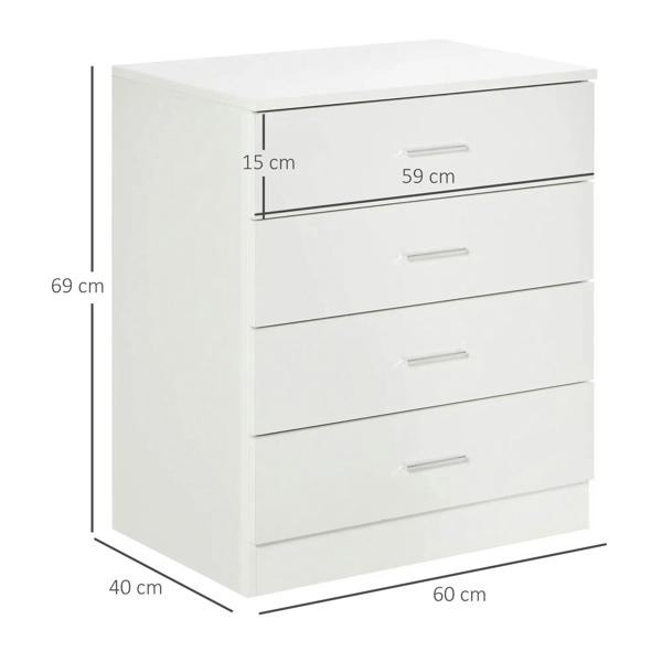 White four-drawer storage cabinet with bar pulls, shown with size markings.