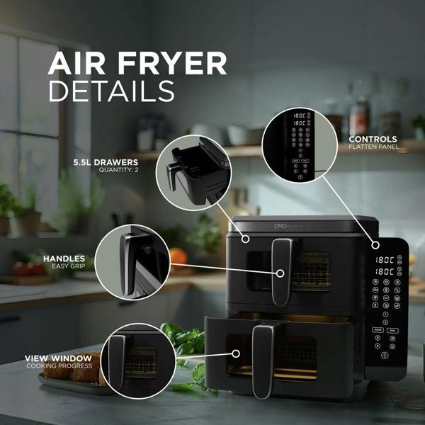 DMD Collective 11L Double Air Fryer with Dual Drawers and 12 Cooking Functions