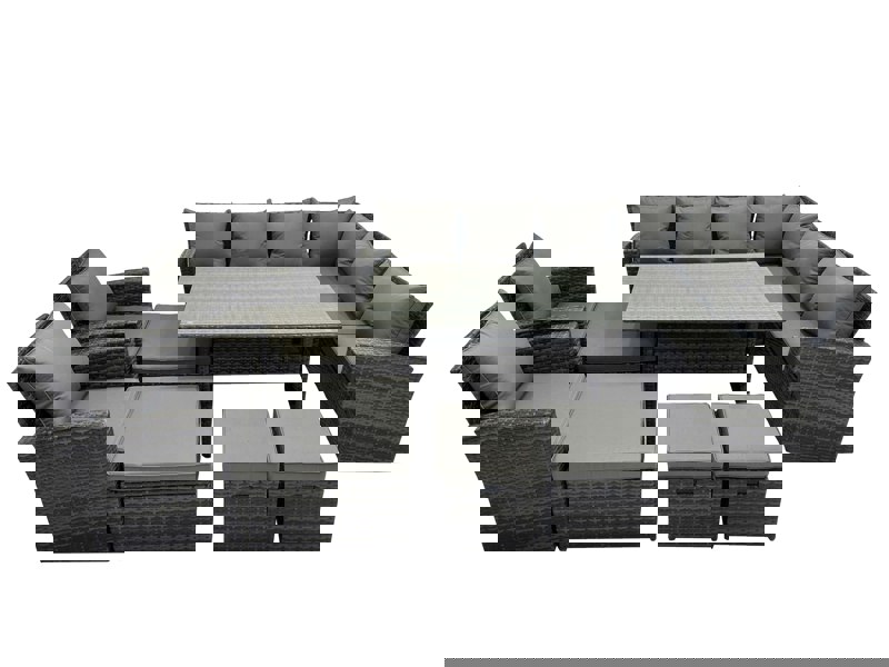 Fimous Rattan Garden Furniture Set Outdoor 12 Seater Patio Dining Corner Sofa Sets with Dining Table Chair Dark Grey Mixed