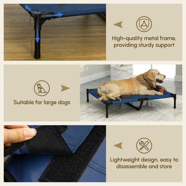 Raised pet cot bed with sturdy metal frame and blue mesh top