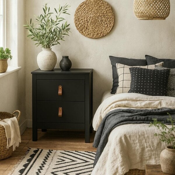 Wyld Haus Wildberry Matt Black Bedside Table 2 Drawers Leather Handles