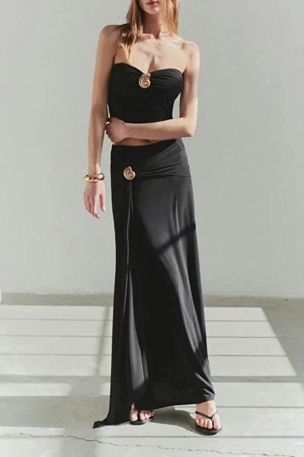 WOVCOR Strapless Knitted Elegant Blouse with Accessory Details