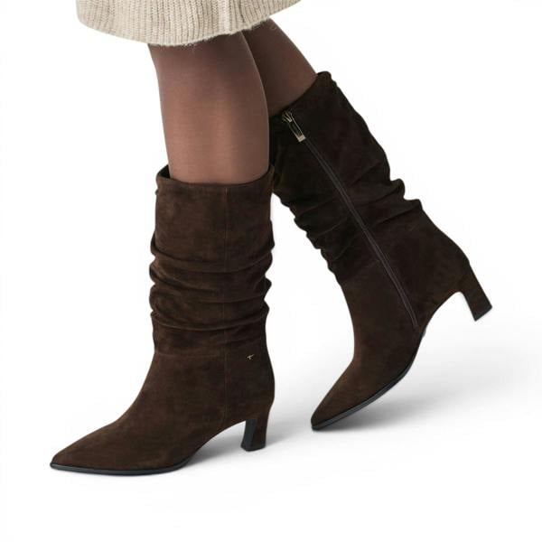 Tamaris Women's Mocca Brown Suede Mid-Calf Heeled Long Boots - 25308-47