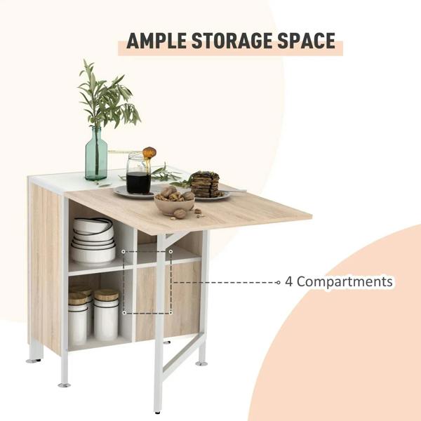 Foldable drop-leaf table with oak top and white frame, showing four storage compartments