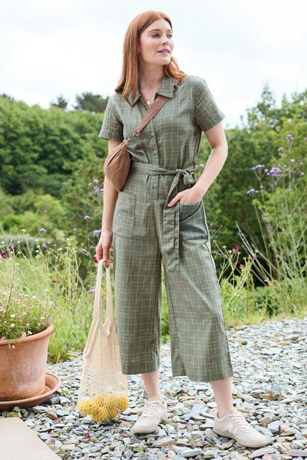 Lily & Me Josie Checked Organic Cotton Cropped Jumpsuit Green