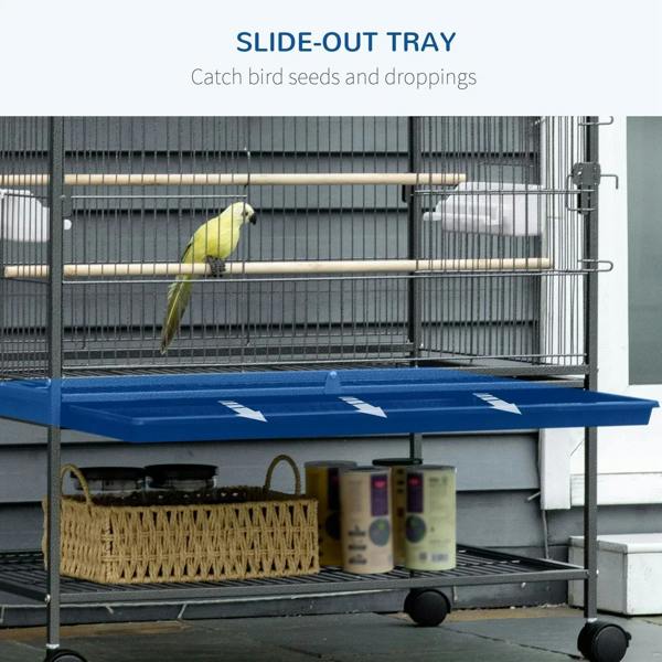 Bird cage interior with perches and slide-out tray below, dark grey wire bars