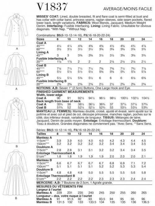 Vogue Sewing Pattern 1837, Coats for Women, B5 (8-10-12-14-16) - Intermediate