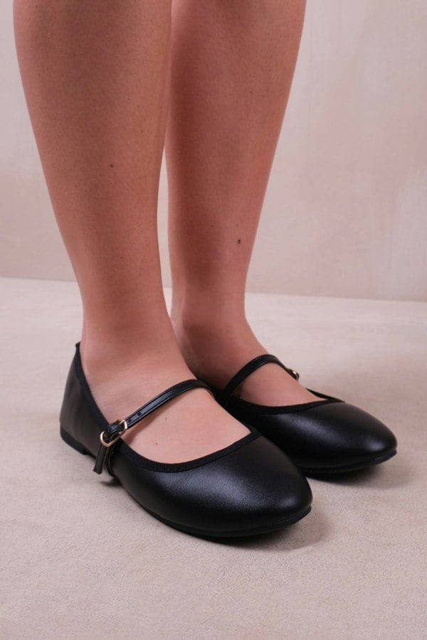 Where's That From Josie Ballerina Flats With Strap Detail in Black Faux Leather