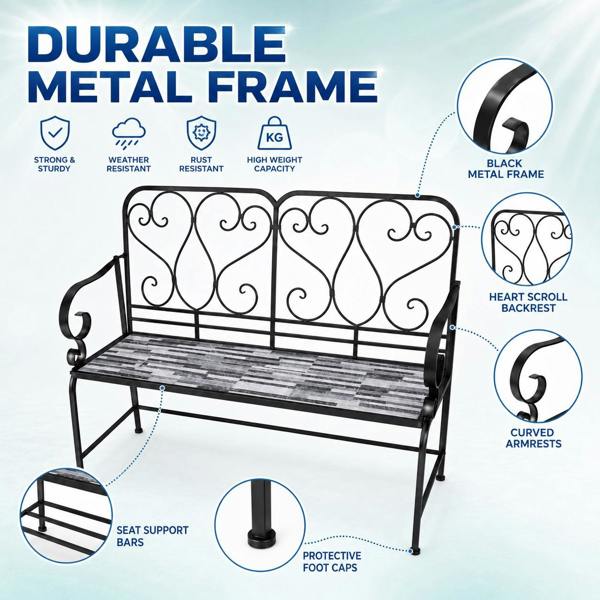 Cascade Mosaic 2 Seater Garden Bench, 112cm Outdoor Patio Seat with Ceramic Tile Seat, Scrollwork Backrest & Metal Frame image 6
