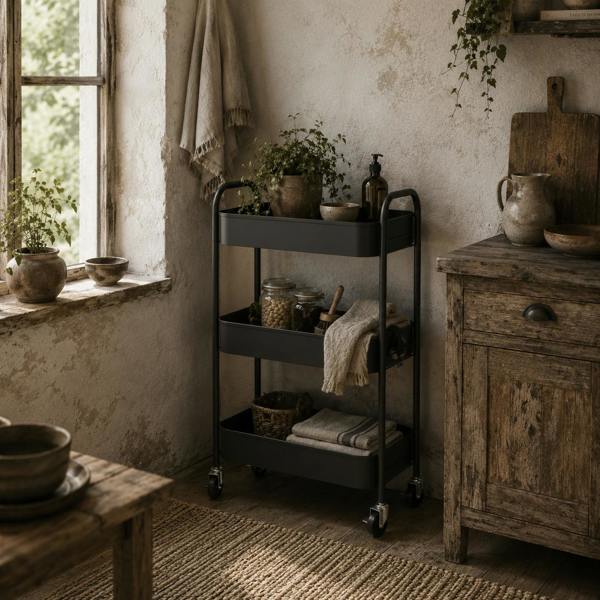 Wyld Haus Varafi Metal Black 3 Tier Steel Storage Trolley With Wheels