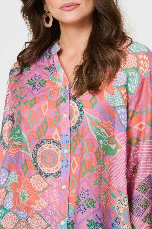 Pink | Printed Semi Sheer Longline Blouse