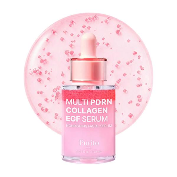 Purito SEOUL Multi PDRN Collagen EGF Serum 30ml – advanced anti-aging serum with PDRN and collagen for firming and skin barrier repair available at Atelier De Glow UK.