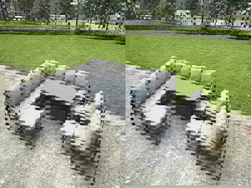 Fimous 12 Seater Aluminium Garden Furniture Set with Adjustable Rising Dining Table, 3 Footstools & 2 Chairs - Grey