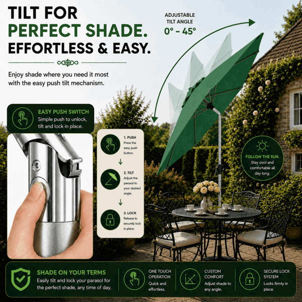 GlamHaus Tilting Garden Parasol Table Umbrella 2.7M with Crank Handle, UV40 Protection, Includes Protection Cover - Green