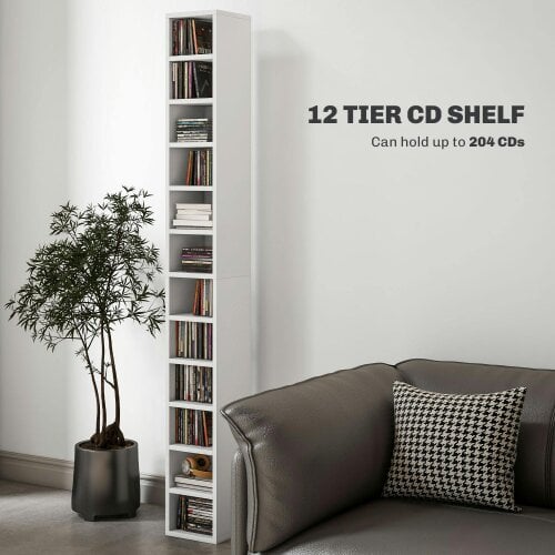 Wyld Haus Manina Wood White Tall Narrow CD Storage Tower With 204 Disc Capacity