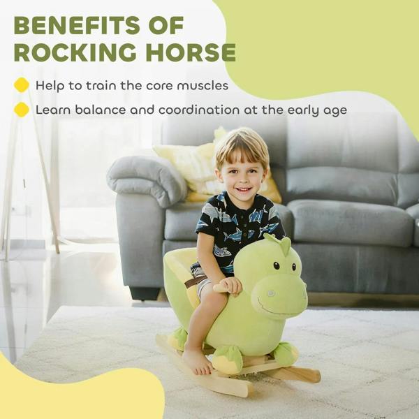 Green plush dinosaur ride-on rocking horse with wooden rocking base for kids