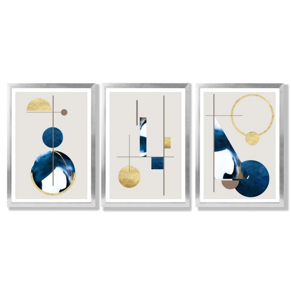 Artze Wall Art Abstract Set of 3 Textured Geometric Framed Prints in Navy Blue and Gold