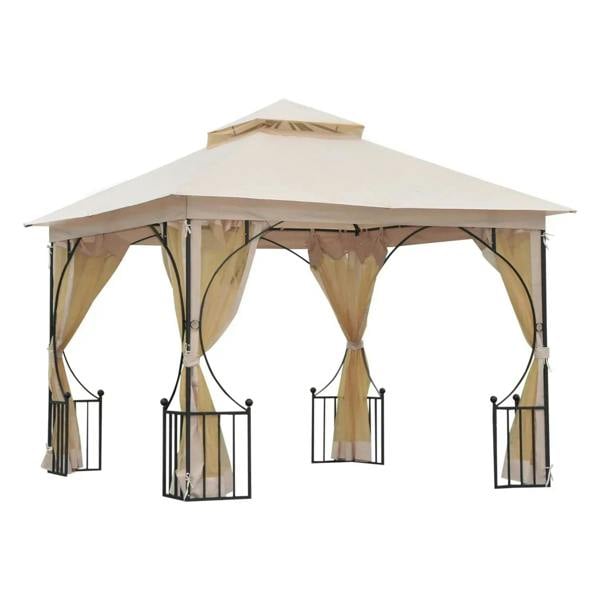 Beige double-tier garden gazebo with black metal frame and sheer side curtains