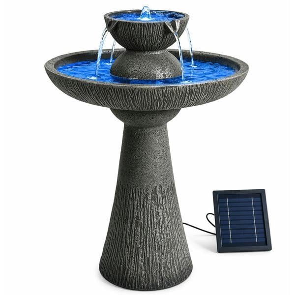 Gardenwize Solar Bird Bath – 2 Tier Bird Bath Fountain with LED Lights & Battery Backup