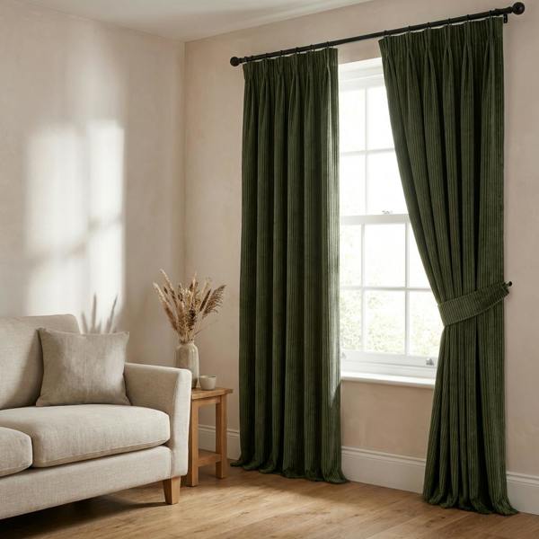 Larissa made-to-measure curtains in Bonsai, styled in a living room