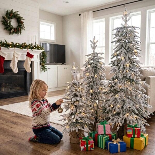 Bobobiy Prelit Flocked Artificial Christmas Tree Set of 3 Snowy Xmas Tree Warm White LED Lights (3FT+4FT+5FT)
