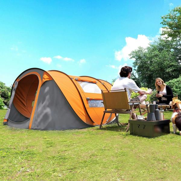Orange and dark gray pop-up camping tent with brown window panels and dual entrances
