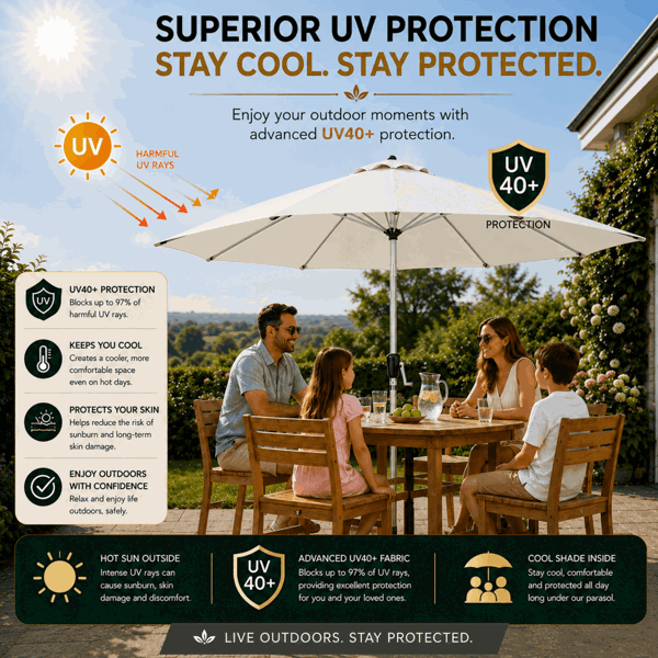 GlamHaus Tilting Garden Parasol Table Umbrella 2.7M with Crank Handle, UV40 Protection, Includes Protection Cover - Cream