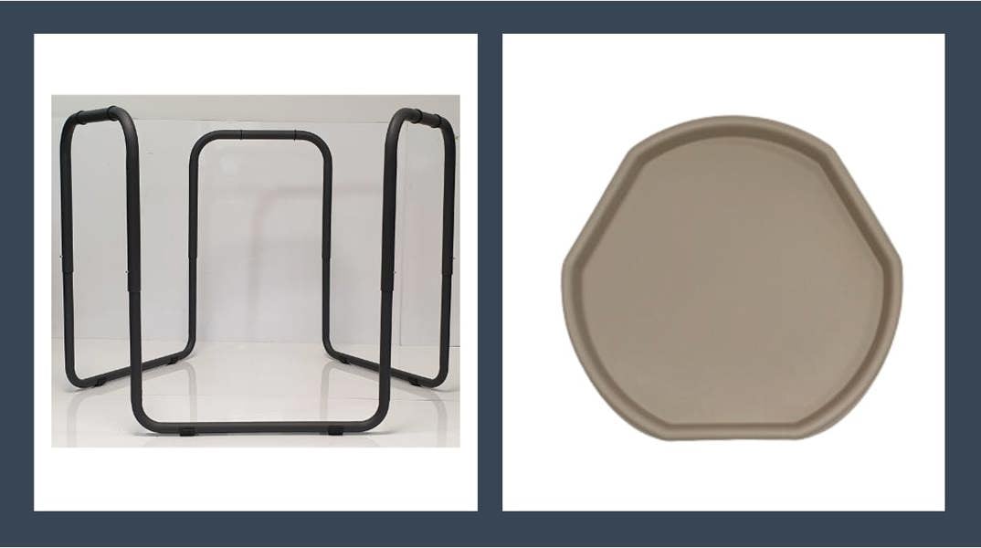 Matt grey metal Tuff Tray stand frame and sand hexagonal tuff tray on a white background