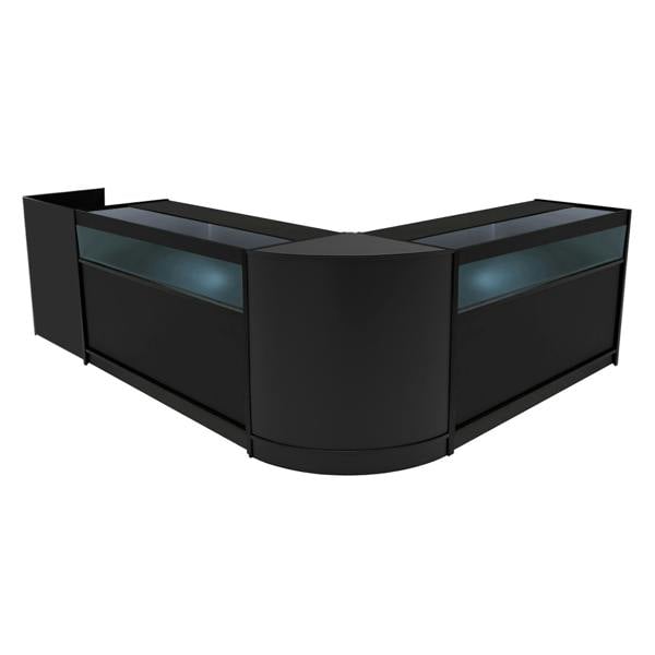 Luna LED Shop Counter Set in sleek black, featuring curved design, glass display tops, and integrated LED lighting for showcasing products
