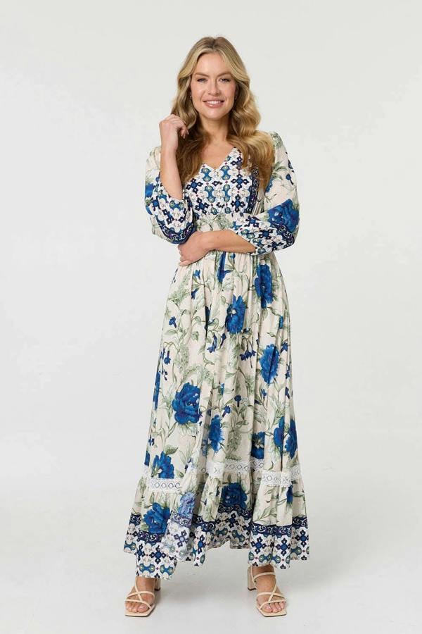 Green | Floral Tassel Tie Long Sleeve Maxi Dress